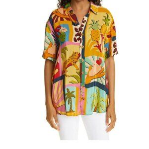 FARM Rio Tropical Collage Pajama Shirt Silky Viscose Blouse